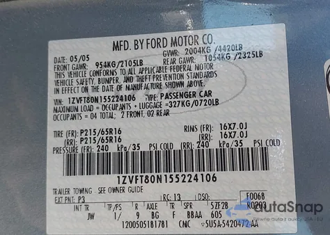 2005 Ford Mustang z USA, uszkodzony, nr VIN 1ZVFT80N155224106